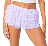 Women Lolita Ruffled Shorts Lace Trim Layered Pumpkin Bloomers Short Pants Kawaii Sweet Pantaloons Panties(Solid Purple,Small)