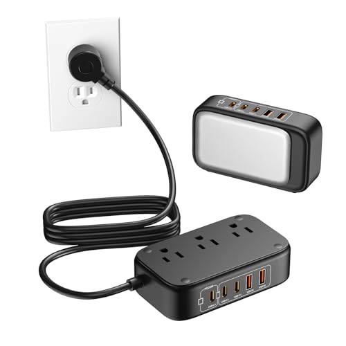 Portable Travel Power Strip 8-in-1 with PD20W Fast Charging 5 USB Ports 2500W AC Outlets 5FT Flat Plug Extension Cord for Home Office Travel
