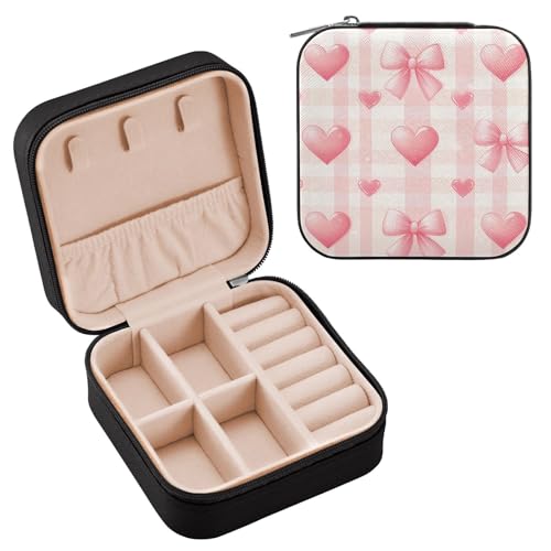 Ttgoth Joyero portátil de viaje de piel sintética con lazo de corazón para mujeres y niñas, joyero para anillos, aretes, collares, pulseras, organizador de joyas, 10 x 10 x 5 cm