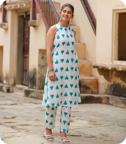 Greciilooks Women Rayon A-Line Regular Fit Kurta Set (Green, Large)