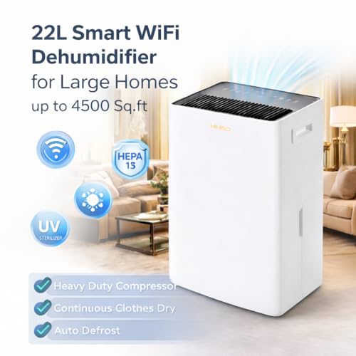 Image of HINISO 22L Smart WiFi Compressor Dehumidifier with HEPA 13 Air Purification for Home up to 4500 Sq.ft | UV & Ionizer | 5.5L Tank | Continuous Clothes Dry Mode | Auto Defrost
