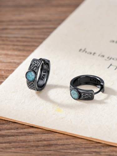 Black Viking Hoop Earrings for Men 925 Sterling Silver Rune/Ankh/Celtic Knot Turquoise Huggie Earrings Viking Jewelry Gifts for Men Women2