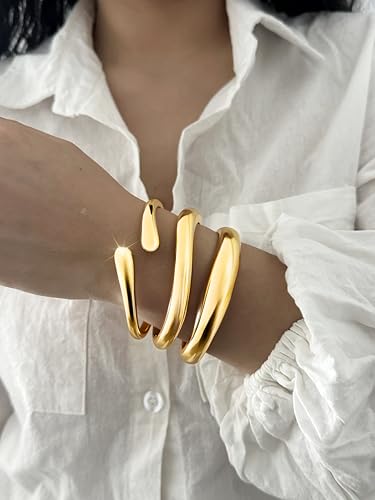 Chunky Gold Bangles for Women, 14k Gold Plated Twisted Hinged Stackable Bangle Bracelet Set, Trendy Cuff Bracelet Stack Fashion Jewelry Gifts2