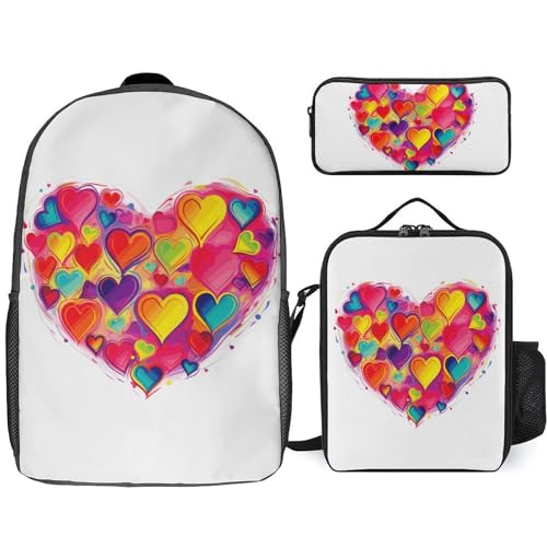3 Piece Backpack for Women Men Lightweight Causal Daypack Shoulder Bag Set with Insulated Lunch Bag And Pencil Case Organizers Colourful Heart