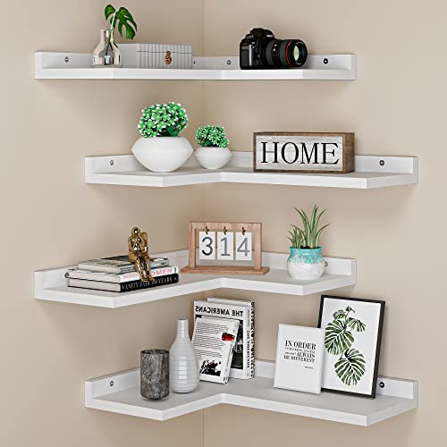 Image of 4 Tier Floating Corner Shelves White Set of 4, Rustic Pine Wooden Floating Corner Wall Shelf for Wall Décor Storage, L Shaped Corner Shelf Wall Mount for Bedroom, Living Room, Bathroom, Kitchen