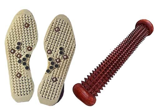 AB CRAFT Acupressure Shoes Insoles Foot Massage Therapy Pain Relief Cuttable (1 pair | Rubber and Magnet Material and wooden Rod massager set of 2