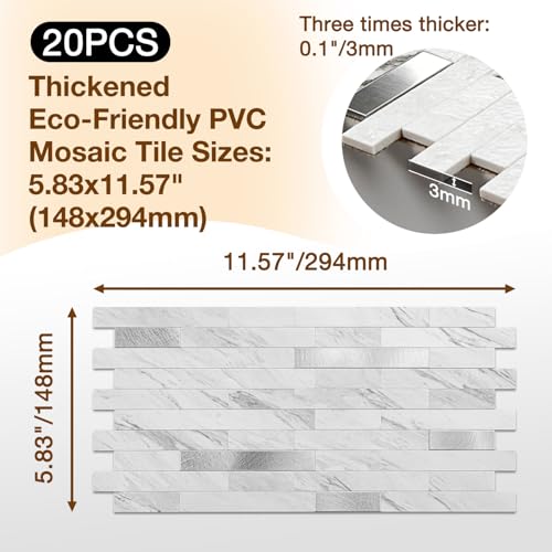 Koynsle Peel and Stick Backsplash Tile Waterproof Removable PVC Wall Sticker 3D Faux Stone Marble Brick White Accent Panels (White Marble - Metal Silver, 20 Tiles - 9 sq. ft. (0.84 M²)) by Koynsle - Used condition - Image 3