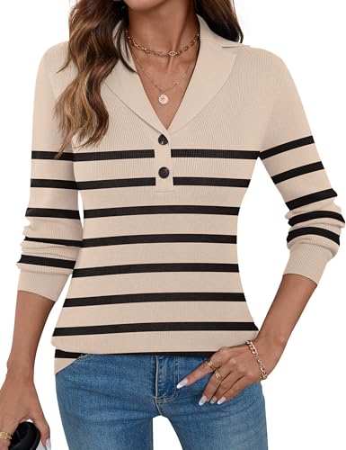 Image of LOMON Sweaters for Women 2025 Fall Knitted V-Neck Collared Button Pullover Dressy Casual Long Sleeve Polo Shirts Business
