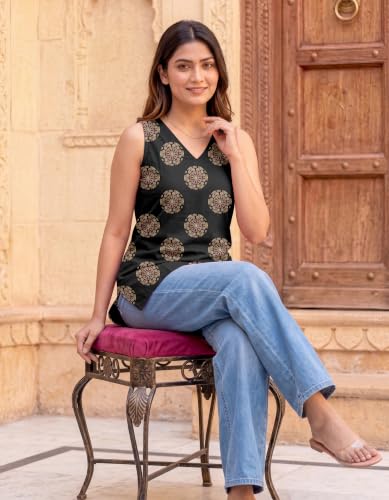 Image of Women's Printed Sleeveless Cotton Kurti Top with V-Neck, Straight Fit Casual Ethnic Tunic for Office, Daily & Casual Wear