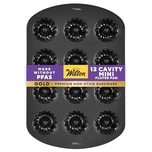 Wilton Gold Non-Stick 12-Cavity Mini Fluted Cake Pan, Stainless Steel Bakeware, Made Without PFAS, Packaging May Vary