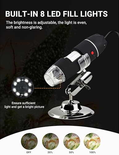 Image of RDJ Bouns Laboratory 0X-1600X Magnification Microscope for Adults, Compatible with iOS and Android Devices, Adjustable Stand, 8 LED Lights, Digital Microscope