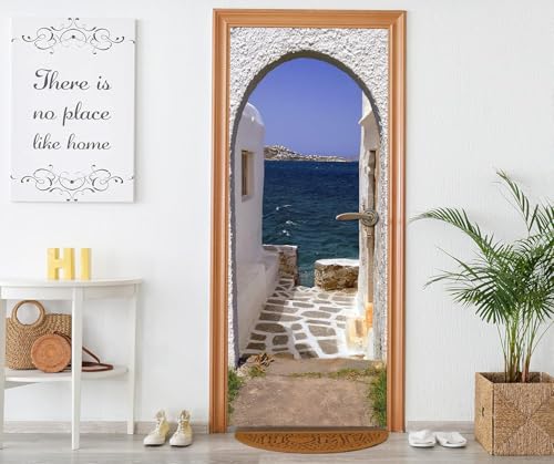 Tizhweqo Pegatina Puerta Grecia Pegatinas para Puertas Vista Al Mar Adhesivo Vinilo 3D Puerta Pegatina Pared Murales Papel Pintado Poster para Sala de Baño Decorativos 90x200 cm b5856