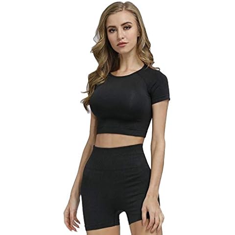 SotRong Women's Seamless Sports T-Shirts Short Sleeve Gym Crop Top for Yoga Gym Running Workout Black M Cover
