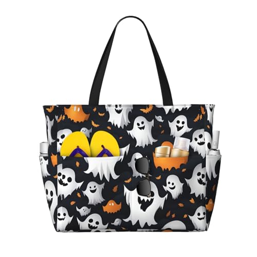 Bonita bolsa de playa con diseño de fantasma blanco para Halloween, gran capacidad, plegable para mujeres, para viajes en la piscina, uso diario, Negro, One Size