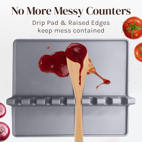 Image of Cooler Kitchen Gray Silicone Spoon Rest for Stove Top with Drip Pad (1 Pack) - Extra Large Heat-Resistant, BPA-Free Utensil Rest for Kitchen Counter - Utensil Holder for Spatulas, Tongs, Ladles
