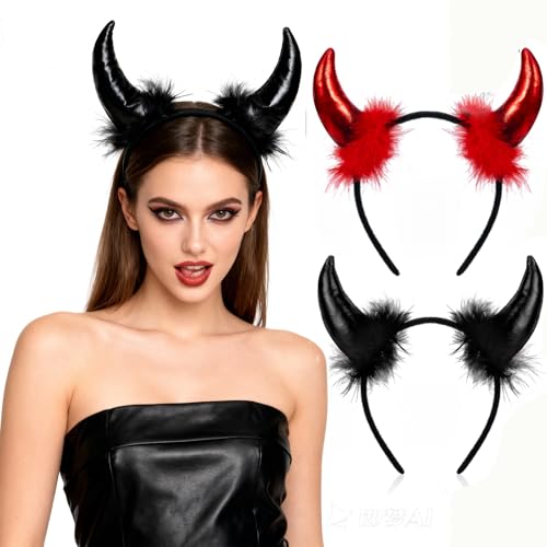 Hifot 2 Pack Devil Ears Black Devil Horns and Red Devil Horns Demon Horns Devil Headband Halloween Accessories Devil Fancy Dress Cosplay