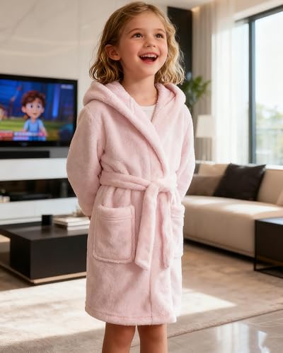 Image of Girls Fleece Hooded Robes, Warm Printed Bath Robe for Kids Soft Fuzzy Bathrobe for Gifts