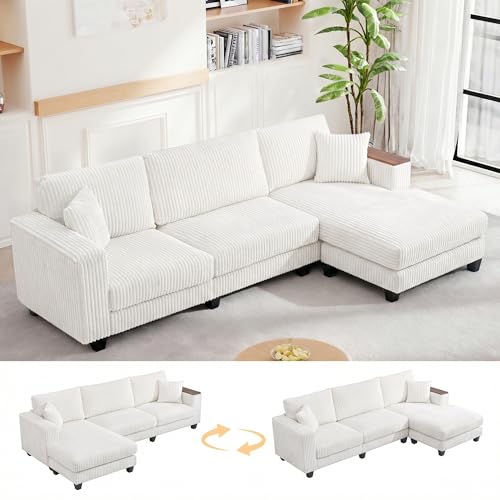 Image of 114 inch Cloud Sectional Couch with L-Shape Reversible Chaise, Modern Corduroy L Shaped Couch with 2 Pillows & Storage Armrests, 4 Seater Sectional Couches for Living Room, Plush Corduroy, White