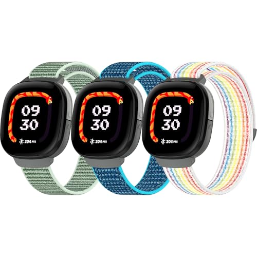 3-Pack Nylon Bands Compatible with Google Fitbit Ace LTE (2024) Breathable Sport Replacement Straps Soft Adjustable Solo Loop Nylon Wristband for Fitbit Ace LTE (Grass Green/Sea Blue/Rainbow)