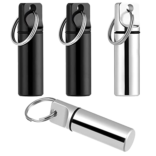 4 Pack Mini Portable Pill Container, Small Pocket Aluminium Alloy Pill Holder Case Keychain, Waterproof Pocket Metal Pill Box Keychain Container for Outdoor Camping Travel(Set 1)