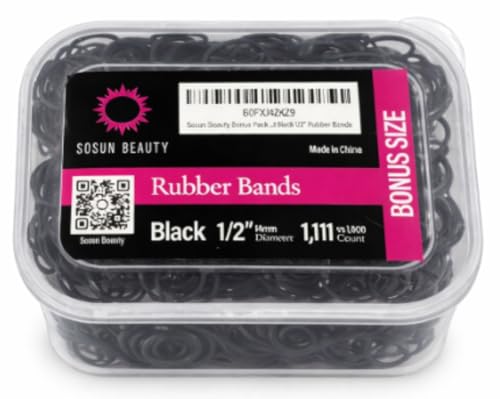 Sosun Beauty Bonus Pack 1111 Count (compare to 1000) 1/2 inch Black Rubber Band Hair Ties for Braids Twists Locs and Ponytails. Soft Slim and Strong No-Snag For All Hair Types.