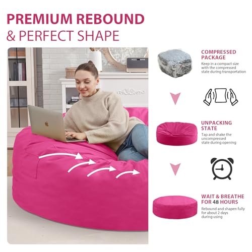 7FT Bean Bag Chair, Large Bean Bag Chairs with Memory Foam Filled, Fluffy Beanbag Sofa with Dutch Velvet Cover, Round BeanBag Chairs for Living Room, Playroom - Pink