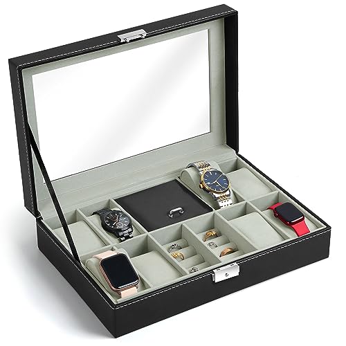 ABOUT SPACE Watch Box – PU Leather Watch Organizer for Men & Jewellery Box for Women with Press Lock & Key, 8 Removable Watch Slots, 8 Ring Slots & Compartment with Lid (Black – L 30 x B 20 x H 20 cm)