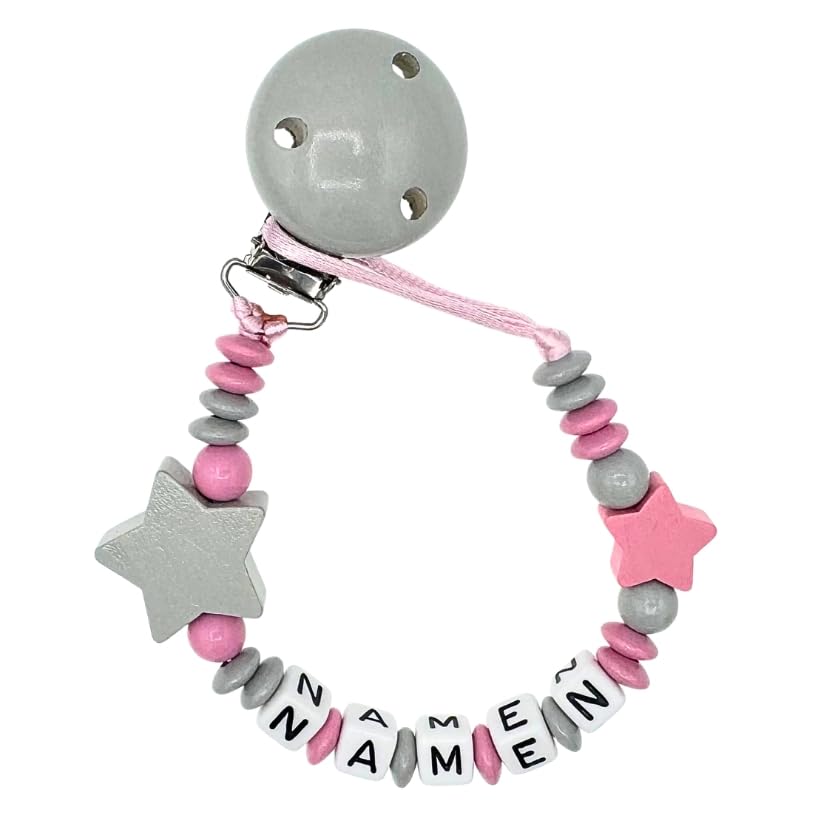 Set Nuckelkette + Kinderwagenkette mit Namen " STERNE " Hellgrau Babyrosa/Baby/Unisex/Personalisiert/HANDMADE