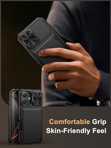 Image of Vihibii for iPhone 16 Case Wallet with Card Holder (4 Cards) [RFID Blocking] & Slide Camera Cover, Military Grade Drop Protection, Rugged Hard Back & Silicone Edge Wallet Case, 6.1 inch 2024, Black