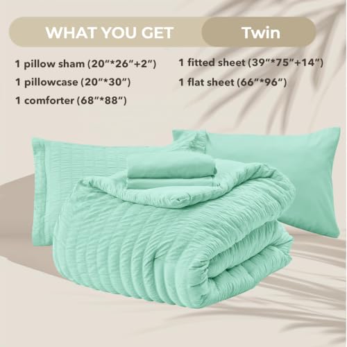Image of HYMOKEGE Mint Green Twin Comforter Set Seersucker 5 Pieces, All Season Luxury Bed in a Bag for Bedroom, Bedding Set with Comforter, Sheets, Pillowcase & Sham