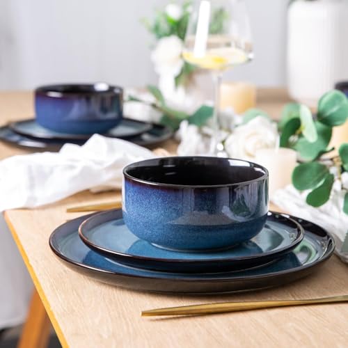 Image of LERATIO Ceramic Dinnerware Sets for 12, 36 Pieces Plates and Bowls Sets, Reactive Glaze Dishes -Scratch Resistant, Dishwasher&Microwave Safe&Oven Safe-Blue