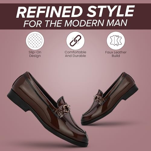 Image of STANPHORD Men Formal Loafer Shoes | Patent Faux Leather Slip-On | Cushioned Insole | Office Business Wedding Lightweight Dress Shoes (TPAL 8019)