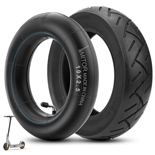 Amitor E Scooter Reifen 10x2.50 Schlauch, 60/70 Reifen und Schlauch Abriebfest & Rutschfest, Extra Dicker & Haltbar, E Roller Mantel und Luftschlauch 10 Zoll 2,5 mit Silberne Gerades Ventil 90°, 1Set