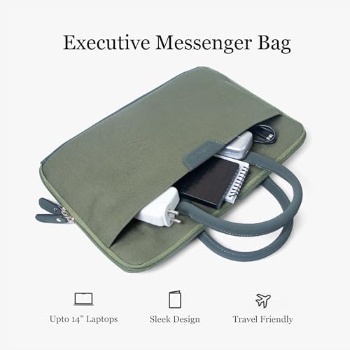 Image of Bellblock Sleek Messenger Laptop Bags For Men /Women Office Use | Travel Friendly With Luggage Strap | Office Bag For Man /Woman | Cotton Canvas | Olive Green (Upto 14 Inch)
