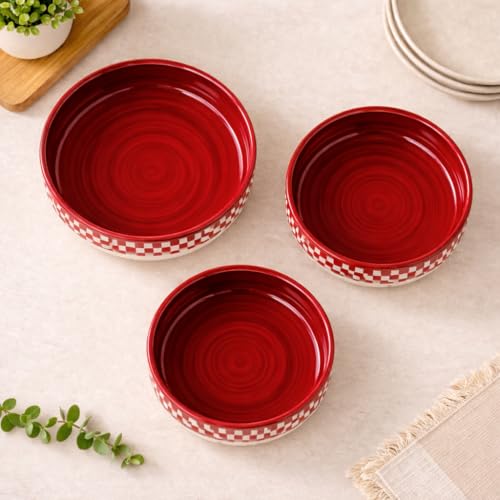 Image of Niyara Stoneware Handmade Ceramic Stylish Premium Serving Bowls /Salad Tray Microwave Dishwasher Safe (White & Red Pattern Set of 3)