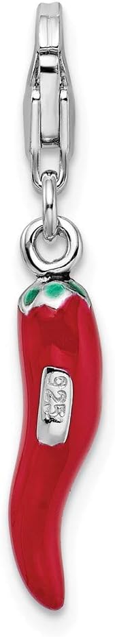 Solid 925 Sterling Silver Red Enamel Pepper Lobster Clasp Charm (0.16 x 1.46 Inches)