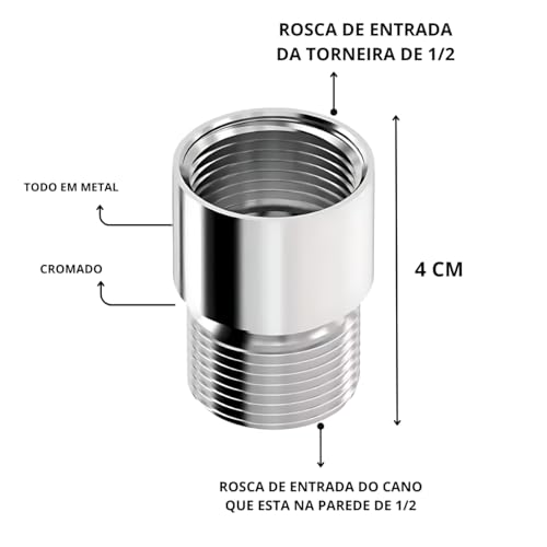 Kit 2 Alongador Extenção Curta 4cm Torneira Metal Cromado1/2 (Cromado)