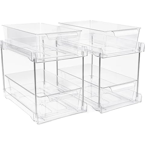 Zero Zoo 2 Pack 2-Tier Bathroom Under Sink Organizers and Storage - Clear Stackable Containers for Kitchen, Pantry, Vanity, Medicine Cabinet, Makeup, and Counter with Pull-Out Track Cover