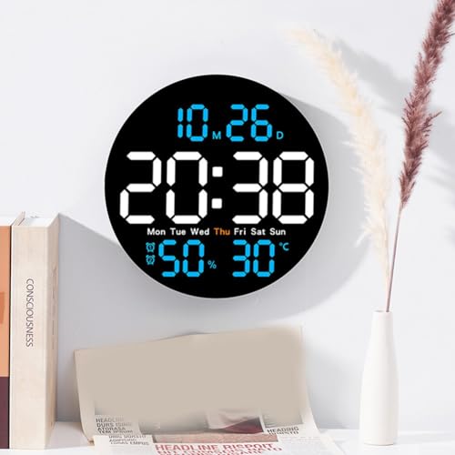Carpango Reloj de pared digital LED, pantalla redonda de 10 pulgadas, indicador de temperatura y humedad, perfecto para decoración del hogar (azul)