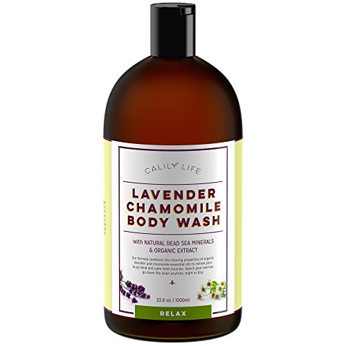 Calily Life Organic Aromatherapy Stress Relief Lavender + Chamomile Body Wash with Dead Sea Minerals and Aloe Vera, 33.8 Oz. – Deep Cleansing + Relaxing, De-stressing and Soothing