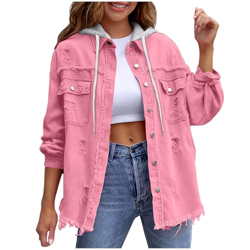 Jean Jacket Women Trendy Ripped Denim Button Down Shirt Oversized