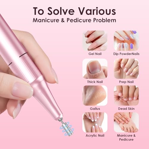 HELIVIVE Professional Electric Nail Drill 45000RPM (Portable & Rechargeable) (with 11 Drill Bits ) Cordless Nail File Machine for Shaping, Polishing & Removing Gel Nails for Salon Home (Pink) — view 5