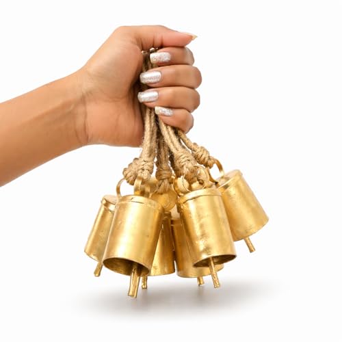 Image of Pack of 10 Vintage Rustic Mini Bells with Rope | Decorative Hanging Ghanti for Home, Diwali Pooja, Wall Decor, Christmas & Craft Supplies