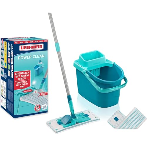 Leifheit Set PowerClean M, Balai serpillère et Seau essoreur ménageant Le Dos, kit avec 2 Housses serpillière Micro Duo pour Un Nettoyage en Profondeur, mécanisme d'essorage Facile, Click-System