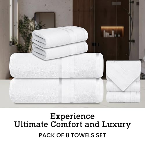 Casa Lino Bath Towel Set of 8 (2 Bath Towels, 4 Wash Cloths & 2 Hand Towels for Bathroom) - 100% Cotton - Highly Absorbent & Quick Dry - Guest Room Essentials for Bathroom Set - (White)