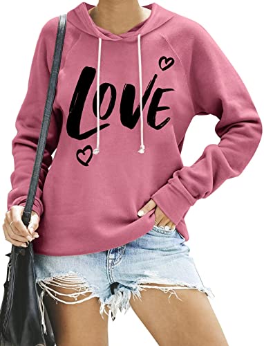 Syellowafter Women Casual Pullover Love Letter Graphic Printed Lightweight Sweatshirt Hoodie Fall Tops Rose Pink Large #TOP6