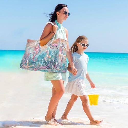 Image of Beach Tote Bags for Women, Turtle Flower Starfish Large Beach Shoulder Bag Pool Bags Purse
