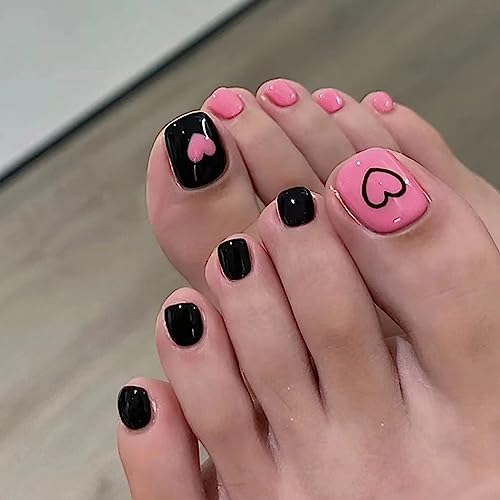 Handcess Glossy False Toenails Black Pink Press on Toe Nail Heart Fake Toenails Full Cover Acrylic Toe Nail Art Tips for Women and Girls 24Pcs
