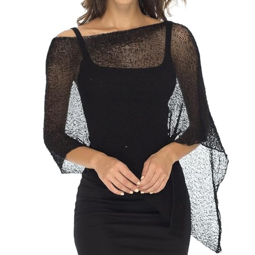 Poncho Summer, Knit Mesh Sheer Poncho, Womens Sheer Poncho Shrug Bolero, Lightweight Summer Shrug Pullover Sweater(Black)