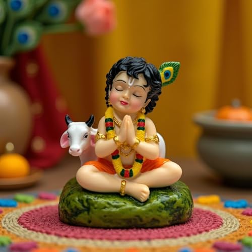 Image of Spiritual Bal Gopal Krishna with Cow Statue - Meditating Krishna Idol for Mandir and Home Decoration